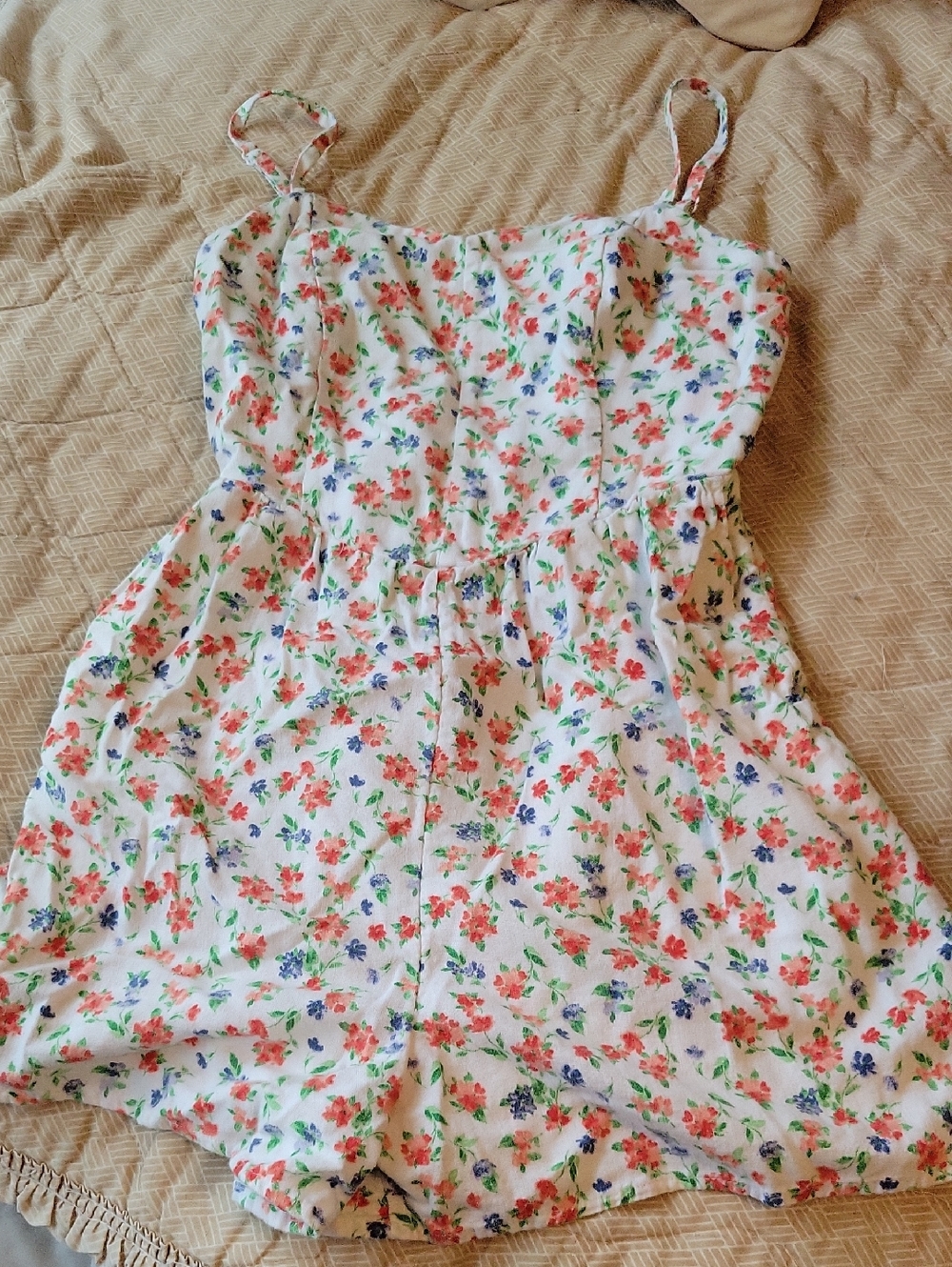 Old Navy White Floral Smocked Romper with Coral & Blue Flowers